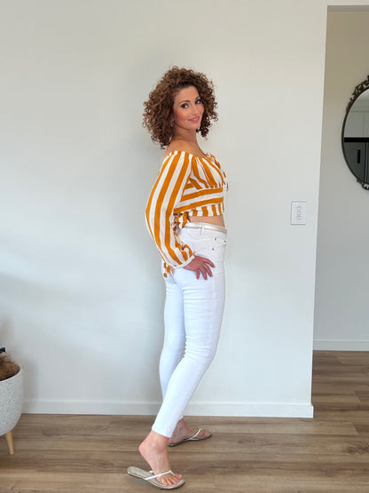 White & Orange stripe off shoulder top