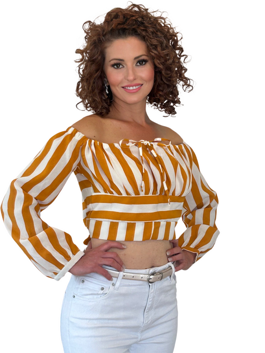 White & Orange stripe off shoulder top