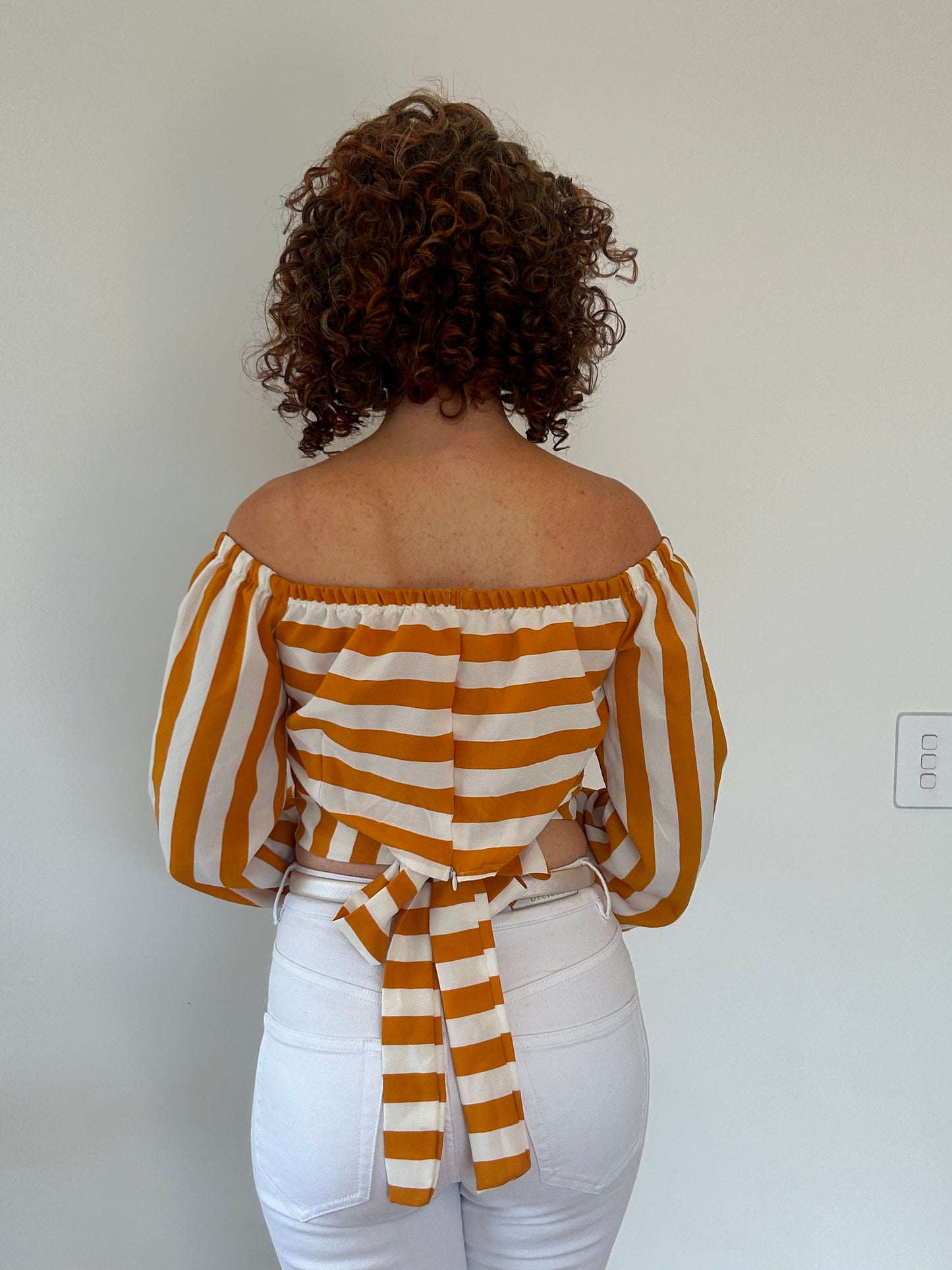 White & Orange stripe off shoulder top