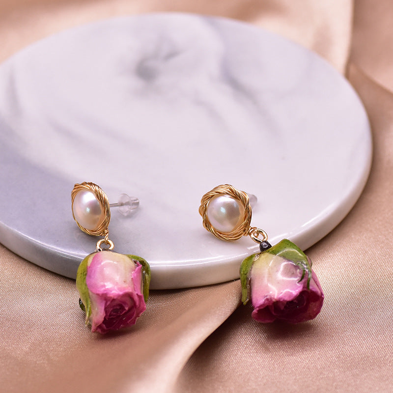 Retro Flower Rose Pearl Drop Earrings